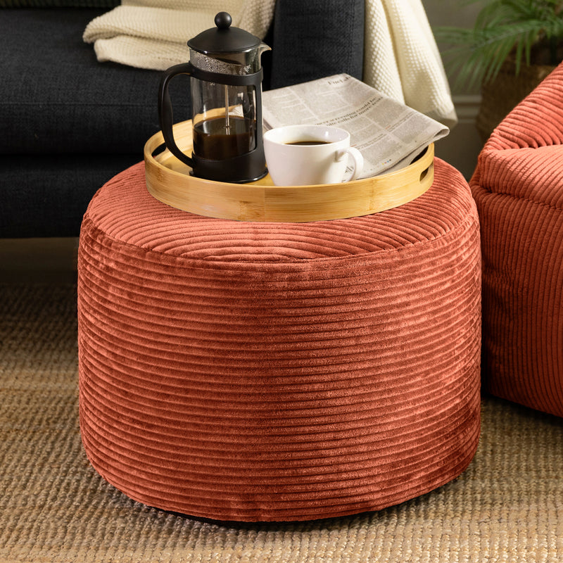 Milano ronde corduroy poef voetenbank - Terracotta