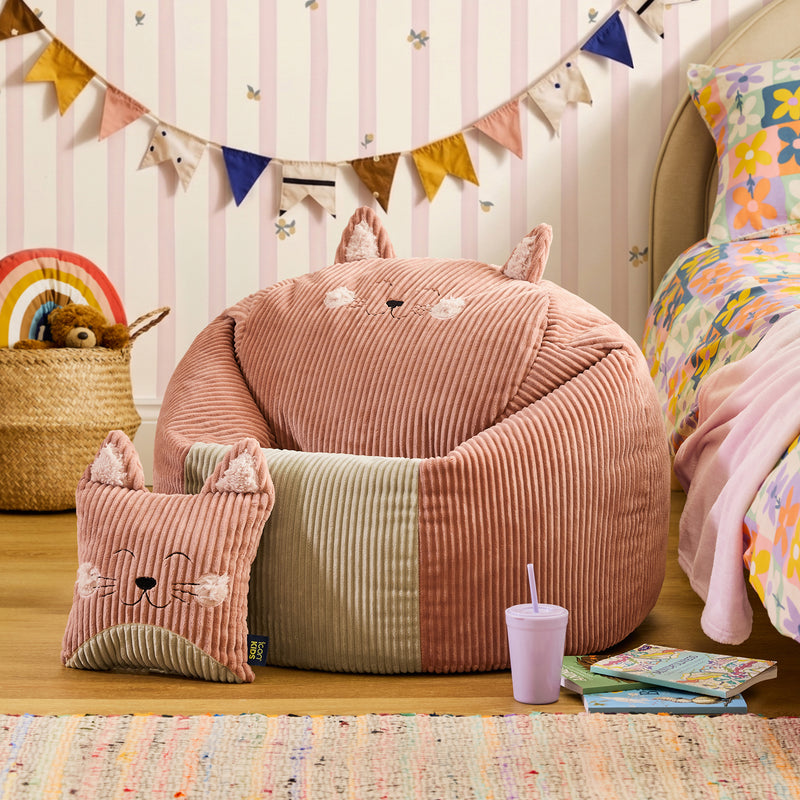 Kids Cleo Cat Cord Bean Bag Chair and Cushion - Dawn Pink