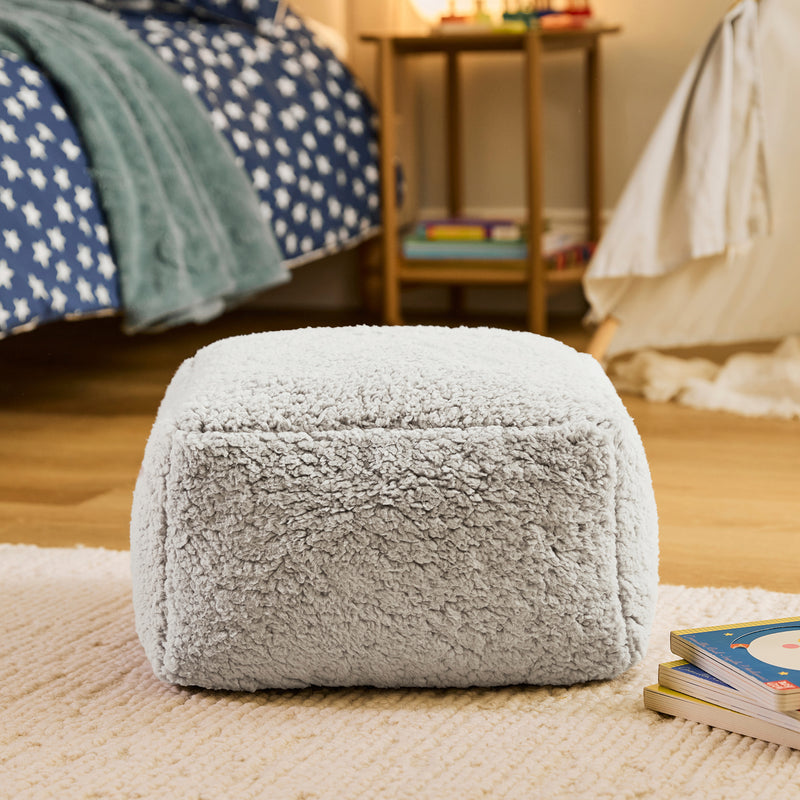 Mini Amara Teddy Fleece Square Footstool - Grey
