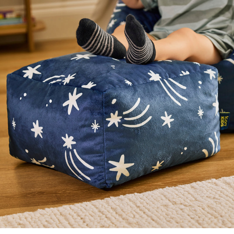 Mini Amara Star Brushed Velvet Square Footstool - Ink Blue