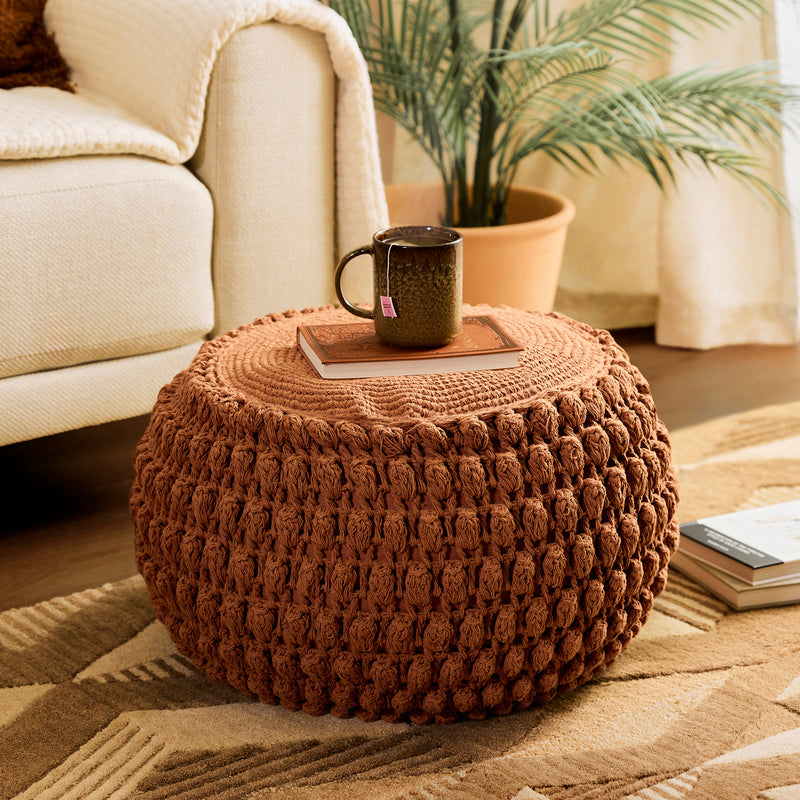 Riva Bobble Crochet Round Pouffe Footstool - Terracotta